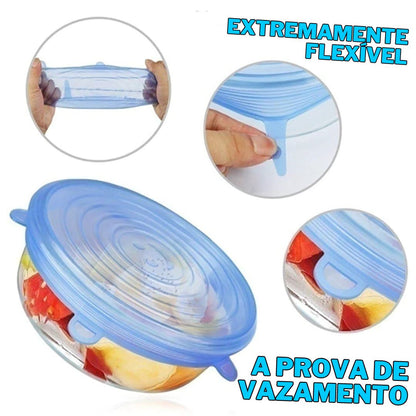 Compre 6 Leve 12 - Kit 12 Tampas de Silicone Reutilizável (UNIVERSAL) - Super Elástico
